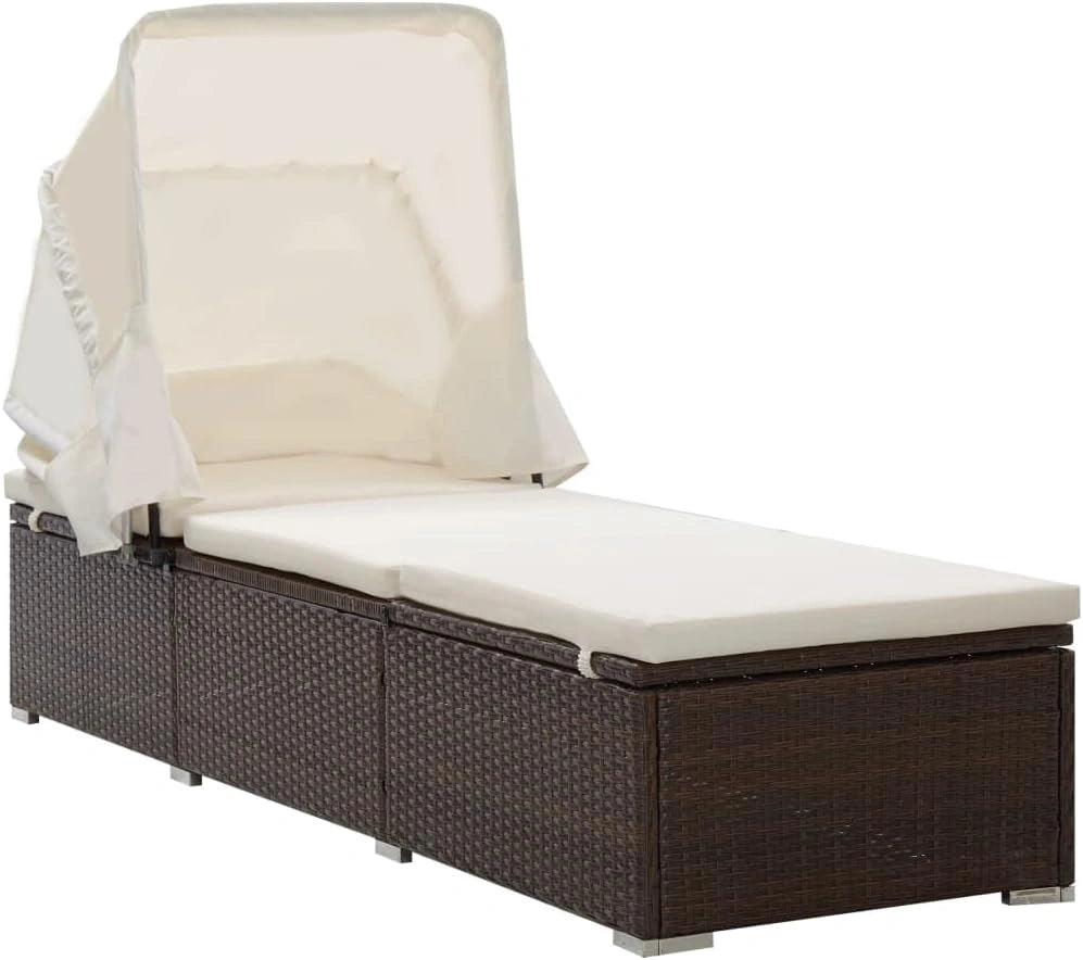 vidaXL Chaise Longue avec Auvent et Coussin Bain de Soleil de Jardin Transat de Patio Chaise Longue d'Extérieur Terrasse Résine Tressée Marron