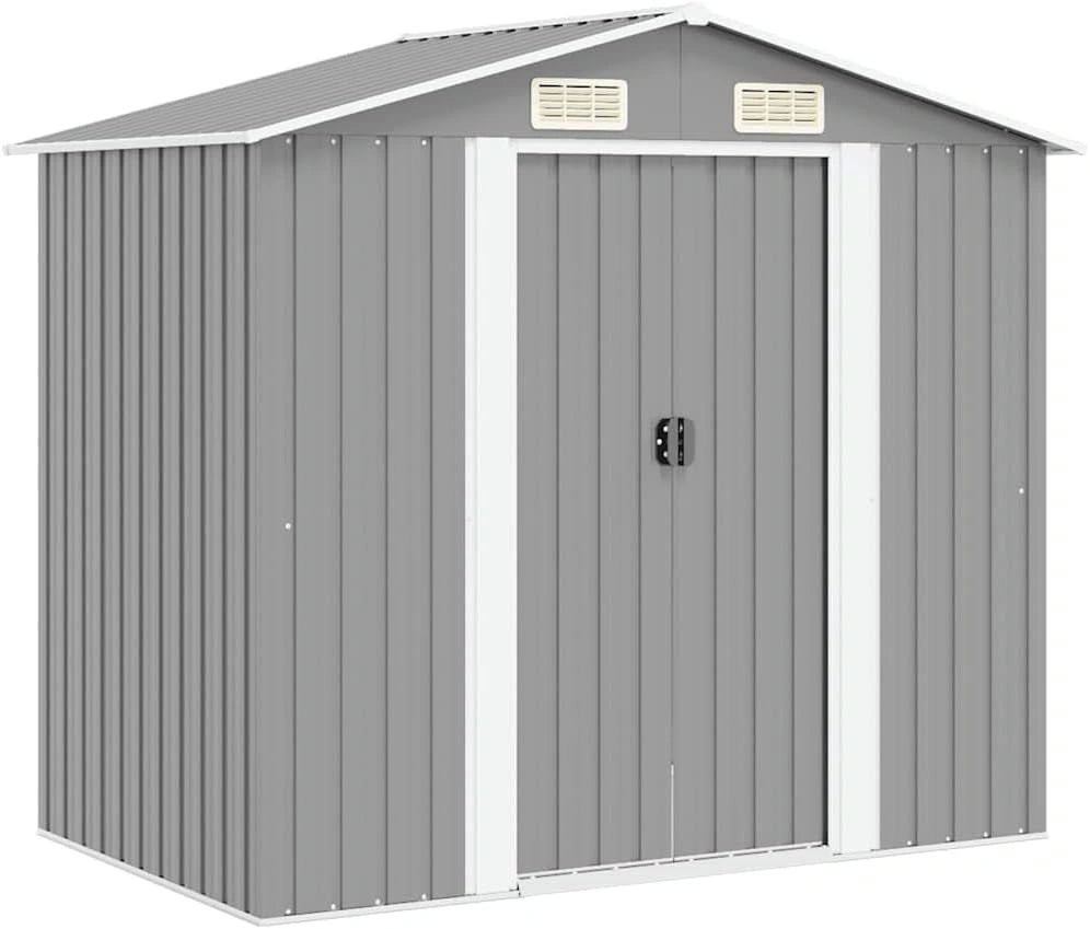 Abri de jardin en métal gris 204 x 132 x 186 cm en acier galvanisé avec portes coulissantes et 4 ouvertures d'aération pour rangement de jardin, vélo
