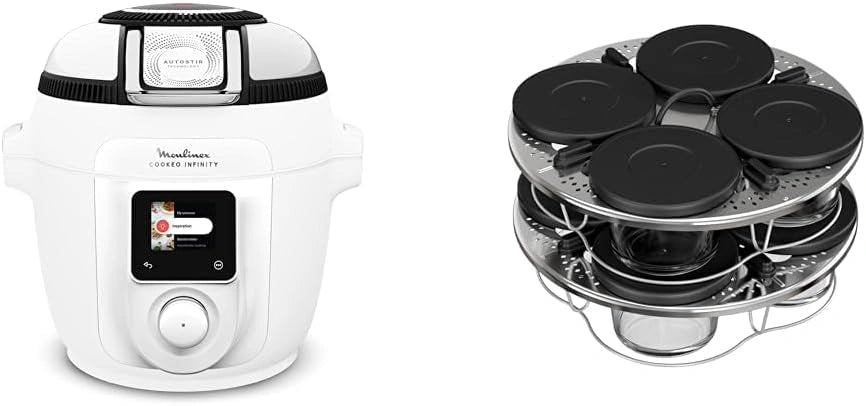 LOT Moulinex Cookeo Infinity, Blanc, 19 programmes, CE9821F0 + Kit de 8 verrines superposables XA6140E0, Air fryer + multicuiseur sous pression