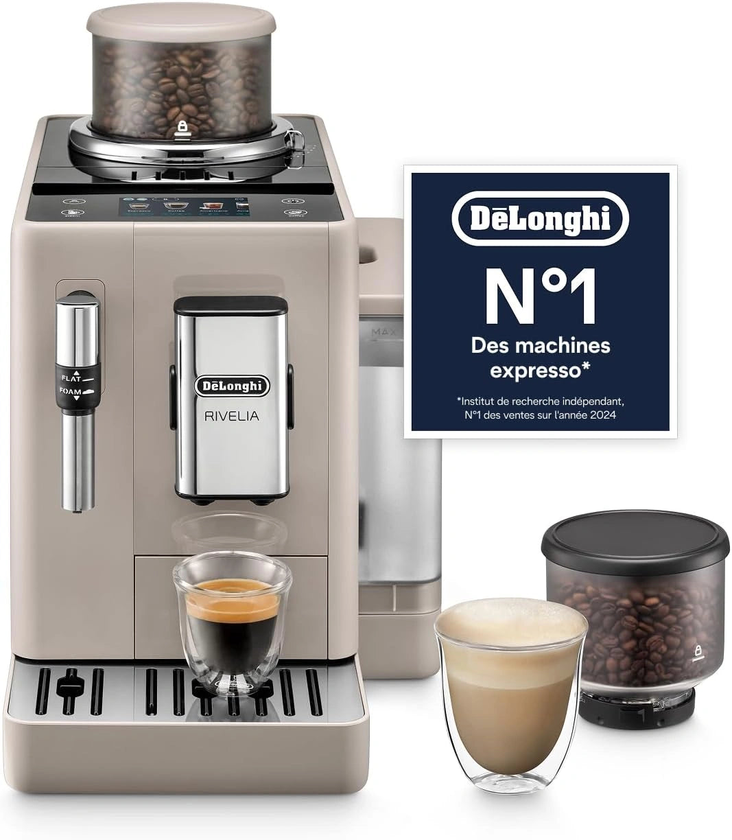 De'Longhi Rivelia - Machine à Café Automatique 8 Boissons Beige, EXAM440.35.BG, Machine à Café à Grain, Mousseur LatteCrema, Écran Couleur