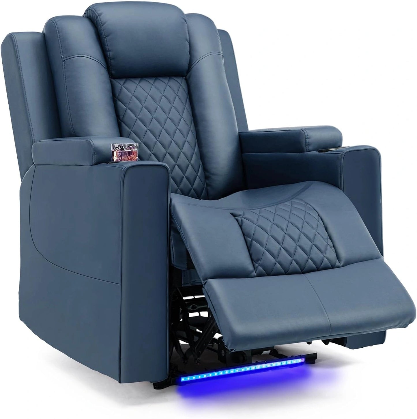 COMHOMA Fauteuil de Massage Electrique Eclairage LED canapé Châssis cinéma maison pivotant fauteuil inclinable with 2 Porte-gobelets Blue