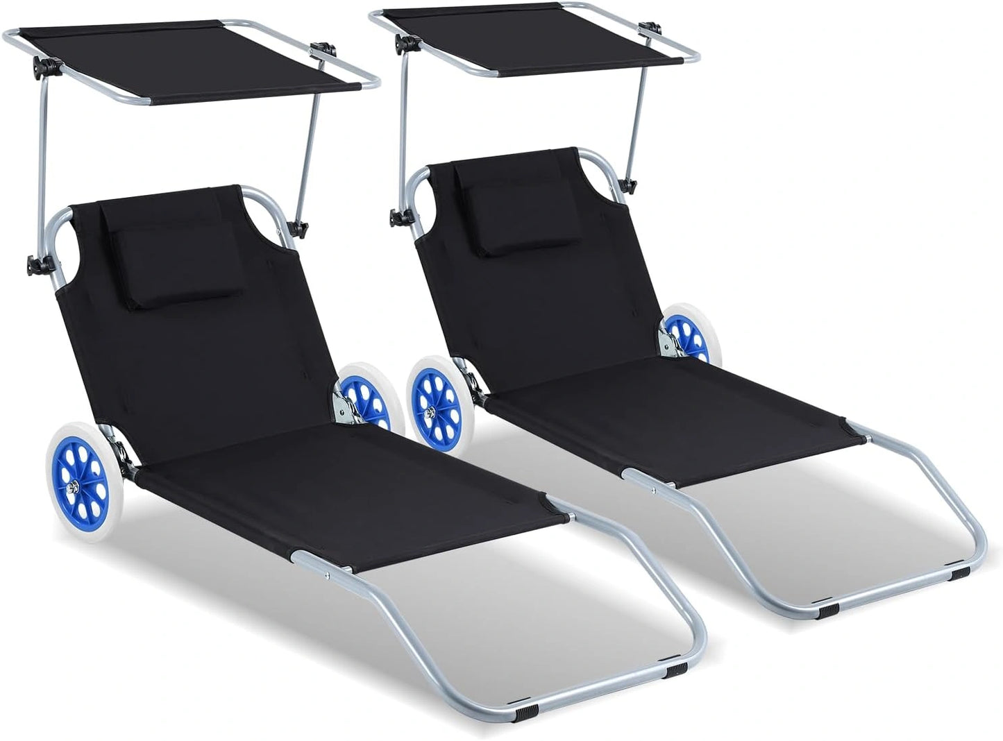 Lot de 2 chaises longues de plage avec roulettes, noir, dossier réglable en 5 positions, charge maximale: 100 kg, le jardin, pliables