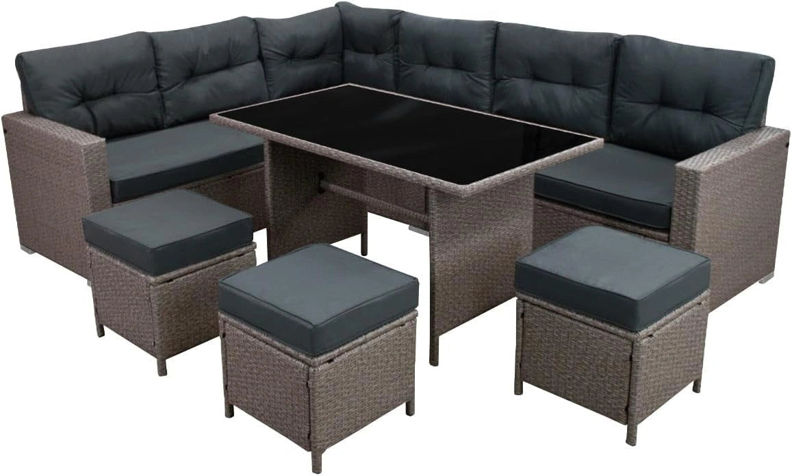 Salon de jardin d'angle en rotin gris 9 places en forme de L avec table en verre trempé résistant aux UV imperméable et coussins de dossier
