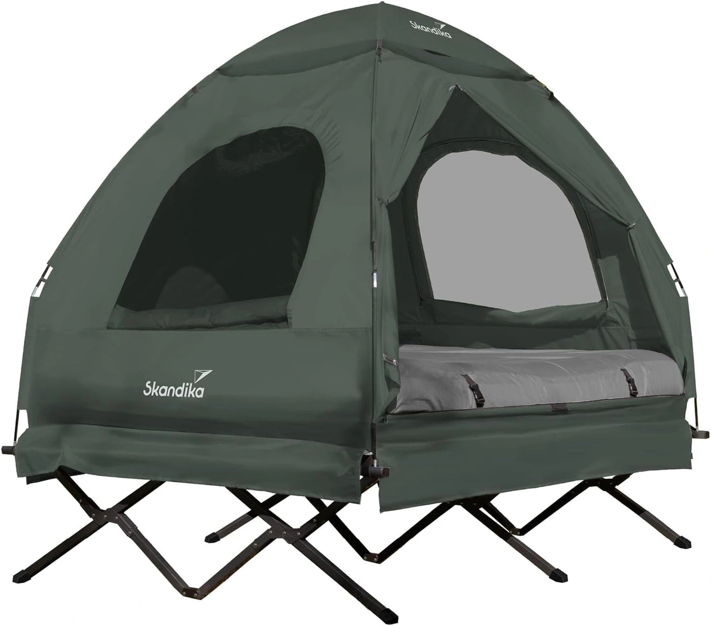 Skandika Haug Lit de Camp surélevé avec Toit 2 pers., (vert armée), Max 160 kg, Tente de pêche 4en1, Matelas Gonflable, lit d'extérieur, étanche