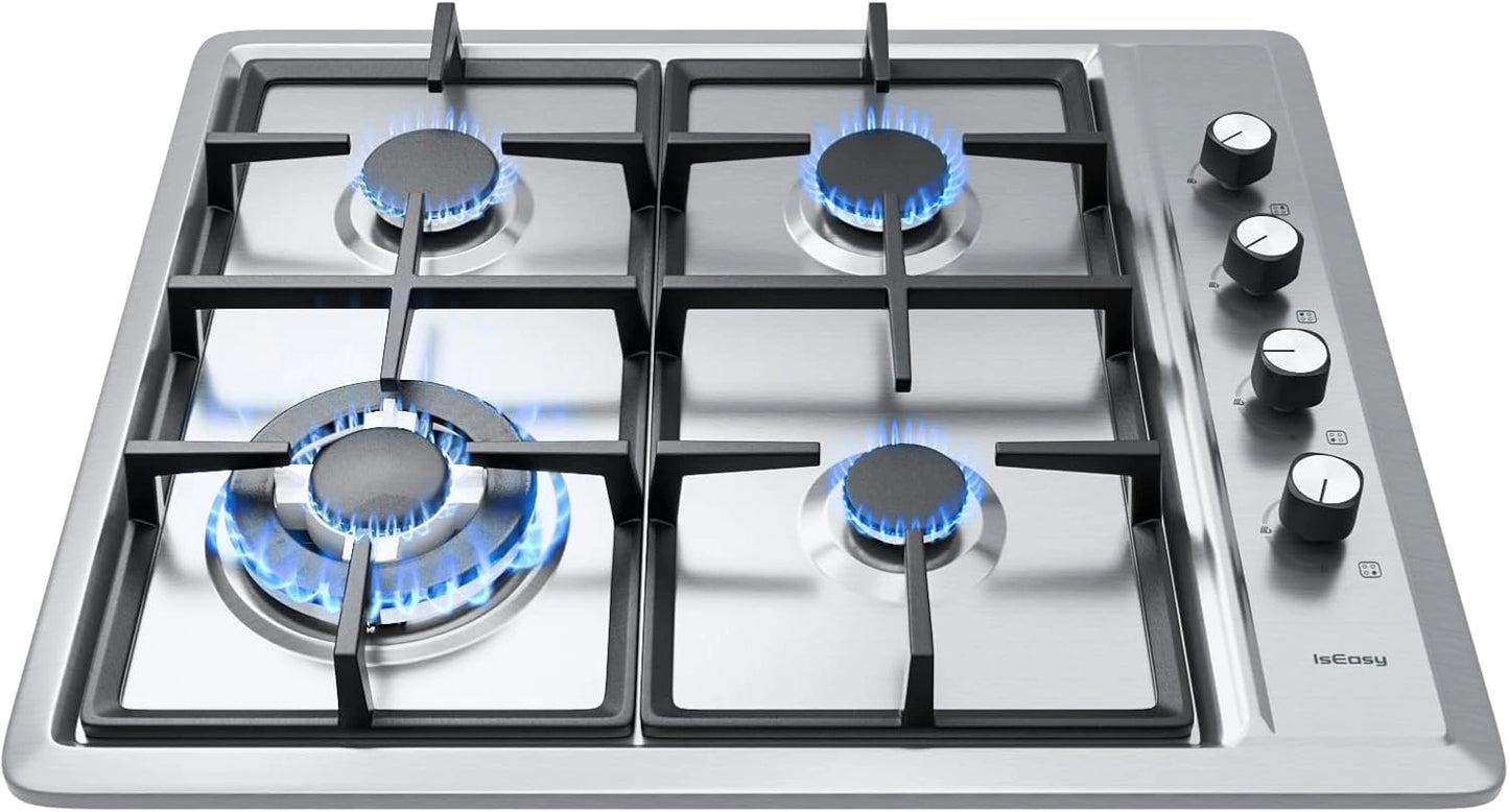 IsEasy Plaque Gaz 4 Feux Inox, Plaque de Cuisson Gaz 4 feux Encastrable, Table de cuisson 60 cm, Gazs Ville et Bouteille