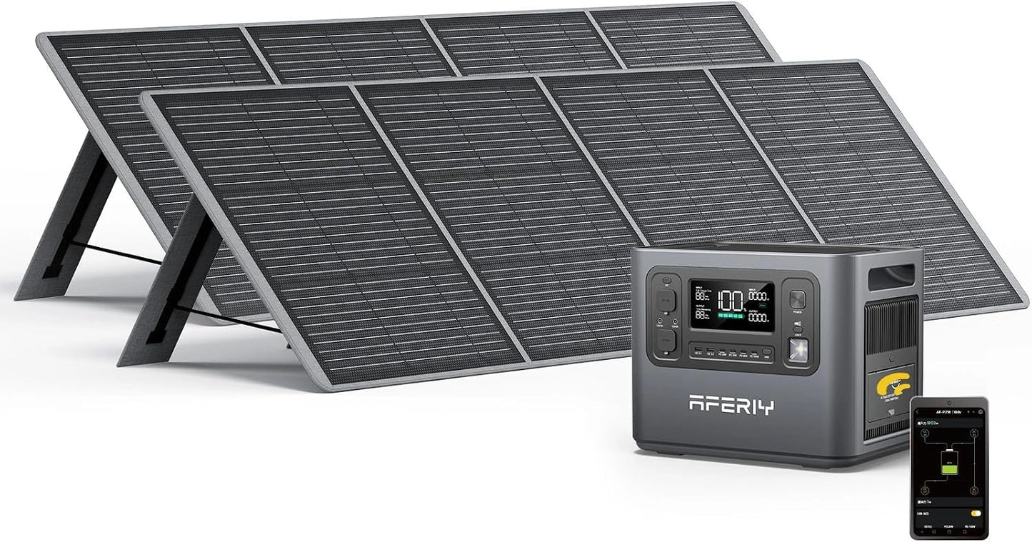 AFERIY Generateur Electrique Portable 2400 W avec Panneau Solaire 200 W x2, 2048Wh Batteries LiFePO4, Sorties CA 220 V-240 V, IP65