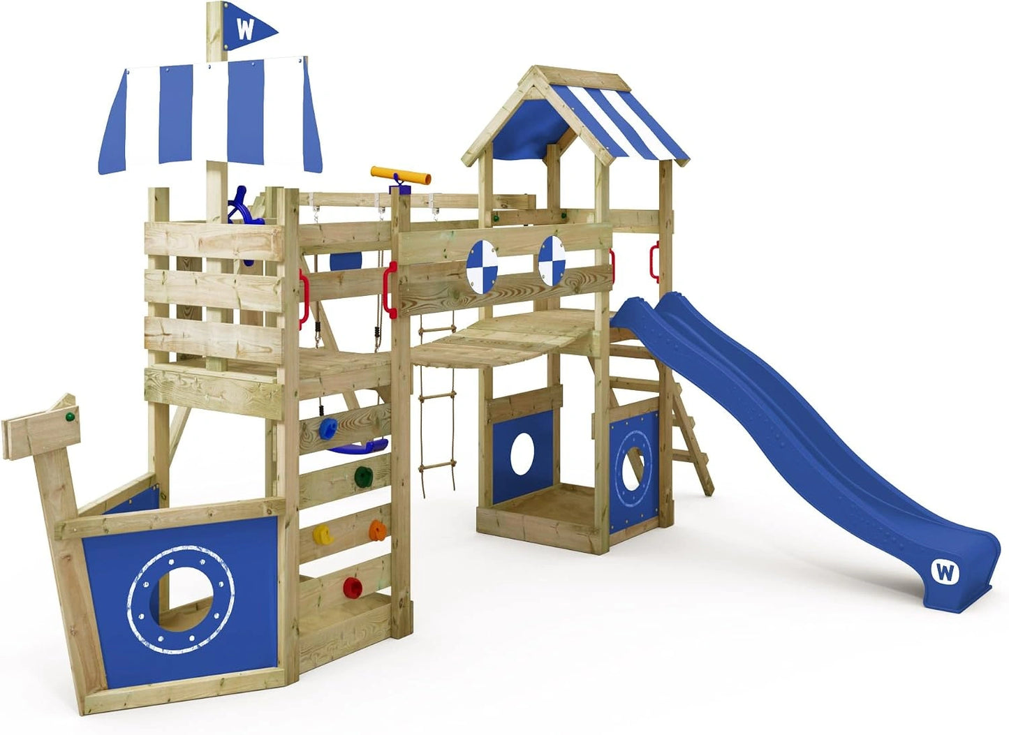 WICKEY Aire de Jeux StormFlyer portique en Bois avec balançoire et Toboggan Bleu, Tour d'escalade pour Enfants avec bac à Sable