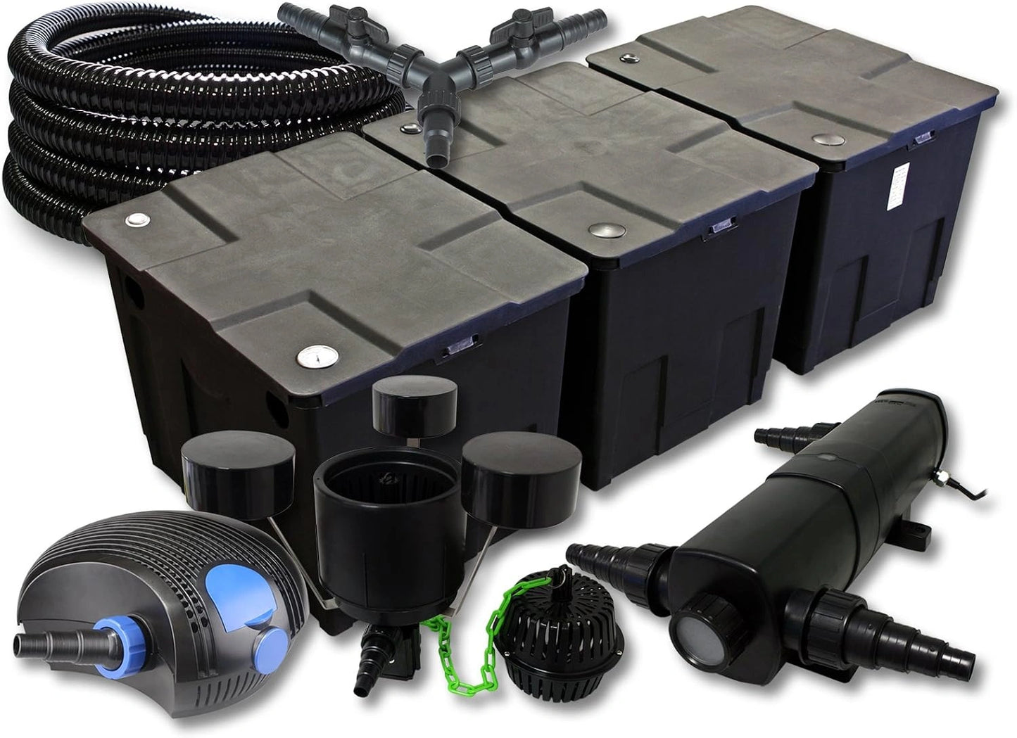 SunSun Kit complet: CBF-350C Filtre de bassin jusqu'à 90000 L, CTF-12000 pompe de filtration 12000 l/h 100 W, CUV-236 lampe uv 36 W, 25 m Tuyau 25 mm