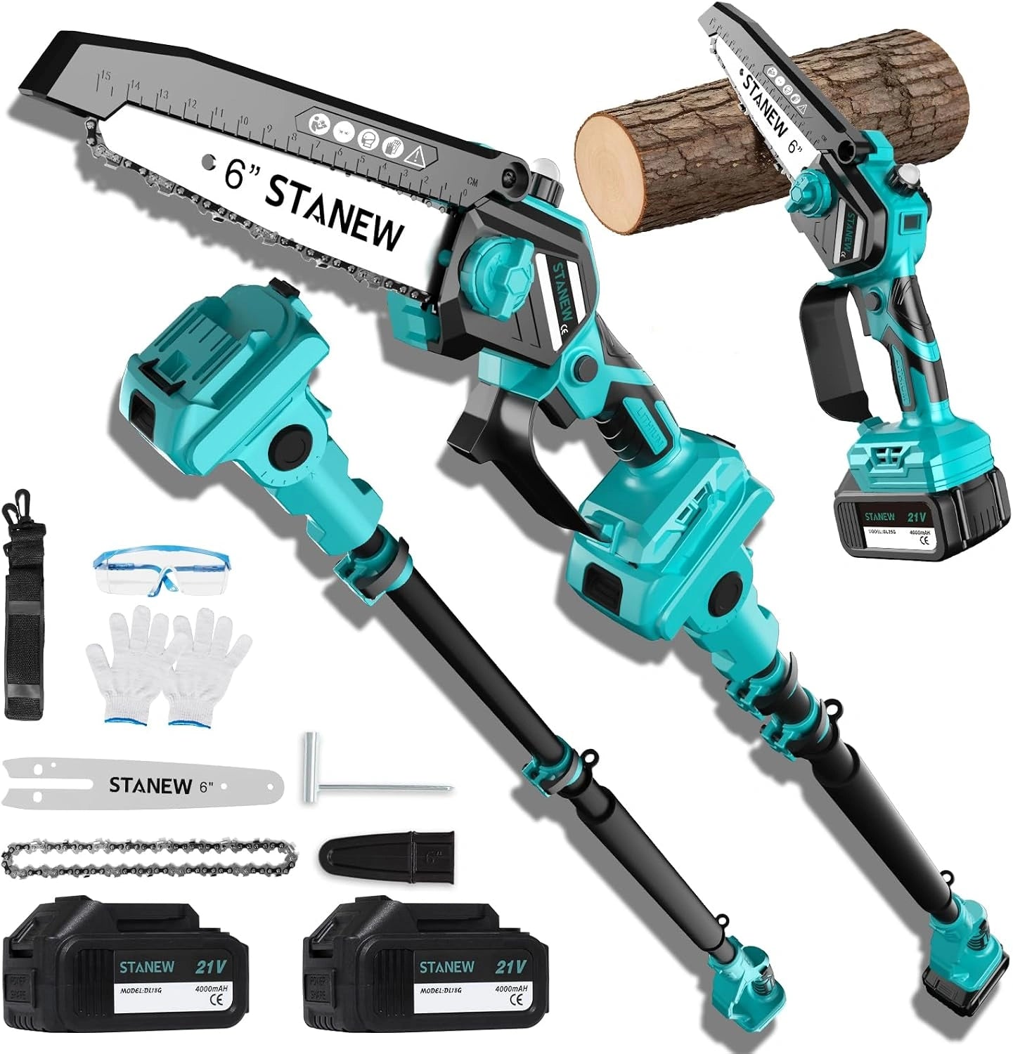 STANEW 2 en 1 Élagueuse sur perche, 6 pouces, tronçonneuse avec 2 batteries 4000 mAh, 600 W, hauteur de travail max 4,55 m, écran LCD