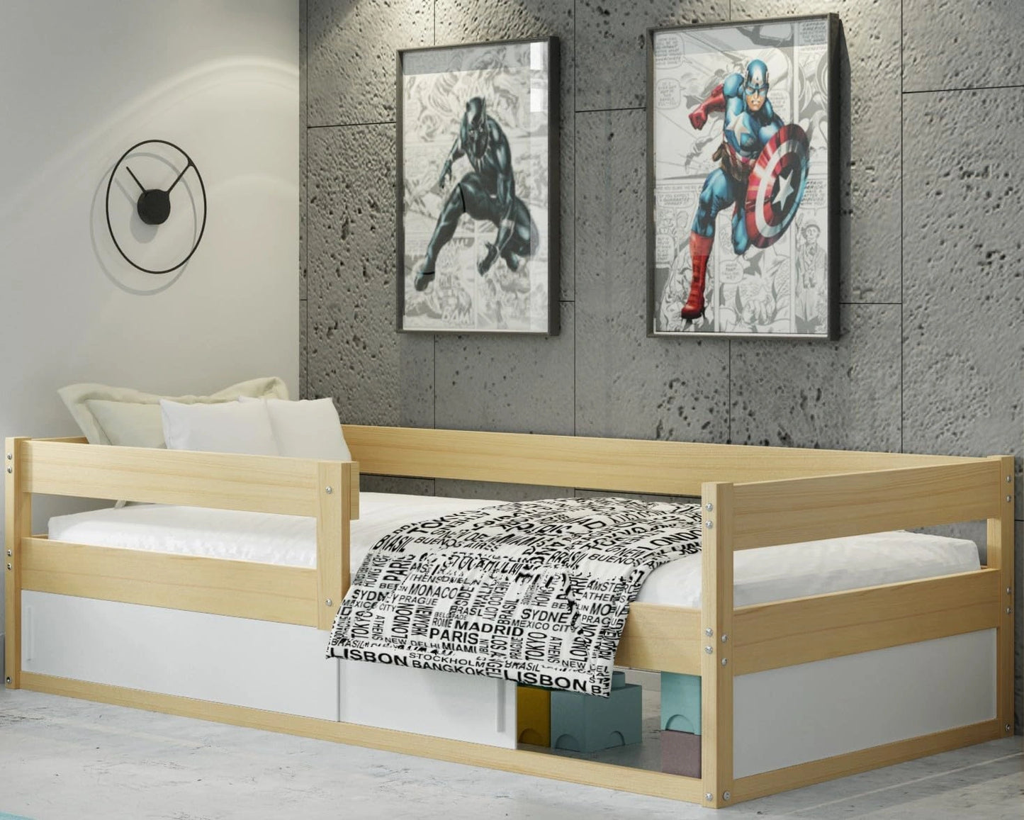 Interbeds Lit Enfant Simple -Hugo 80x160- sommier à Lattes- Espace de Rangement - Barrière de sécurité à Droite ou à Gauche (Pin)