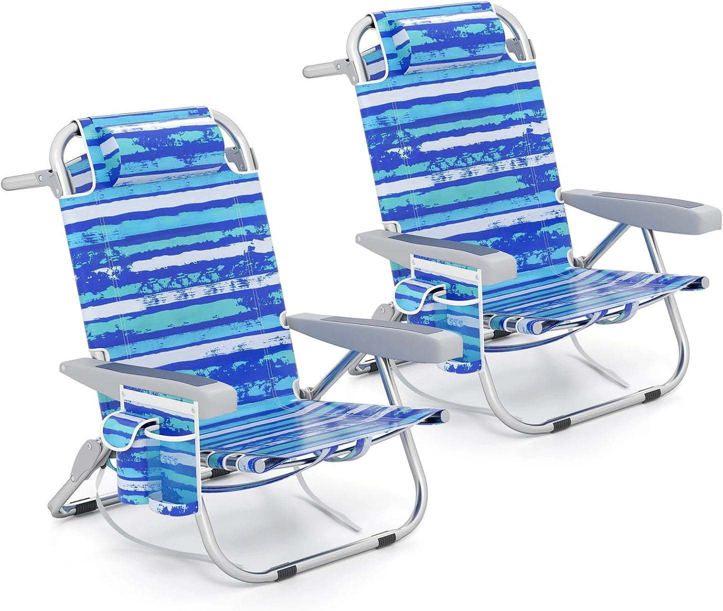 COSTWAY Chaise Longue, 5 Positions Réglable, 2 pièces), Chaise de Plage Pliable, Porte-Gobelet, Porte-Serviette, Appui-tête, Poches, Sangles