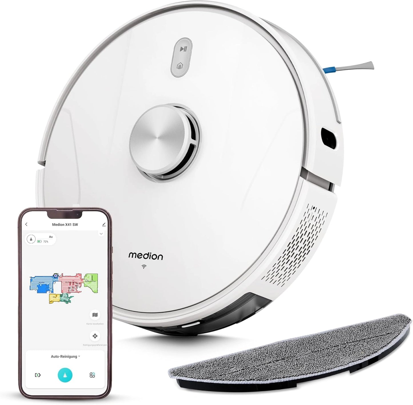 MEDION Robot aspirateur avec Station d'aspiration, Navigation Laser et Fonction Balayage X41 SW+ (Puissance d'aspiration puissante de 8000Pa, Zones