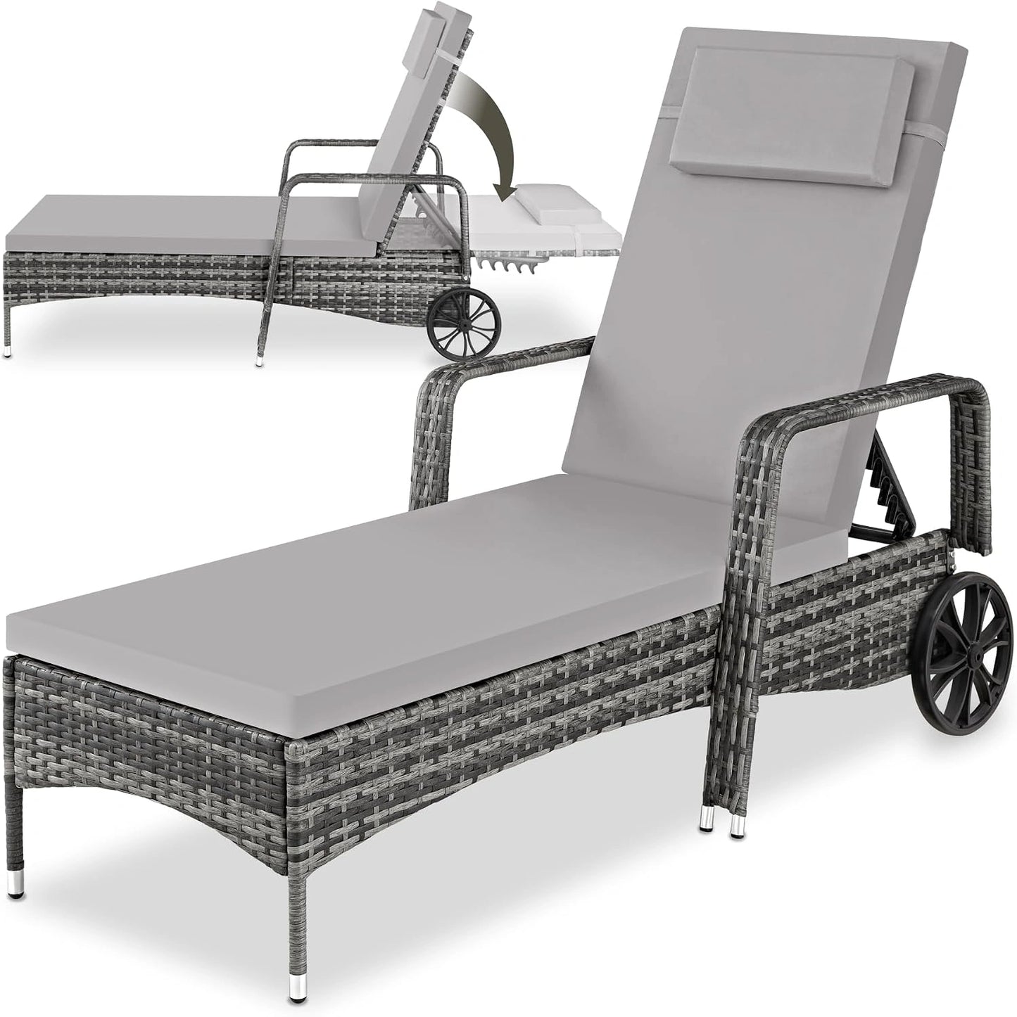 tectake Chaise Longue Bain de Soleil en Resine Tressee Résistant Inclinable avec Roulettes Transat Salon de jardin exterieur Mobilier de Jardin