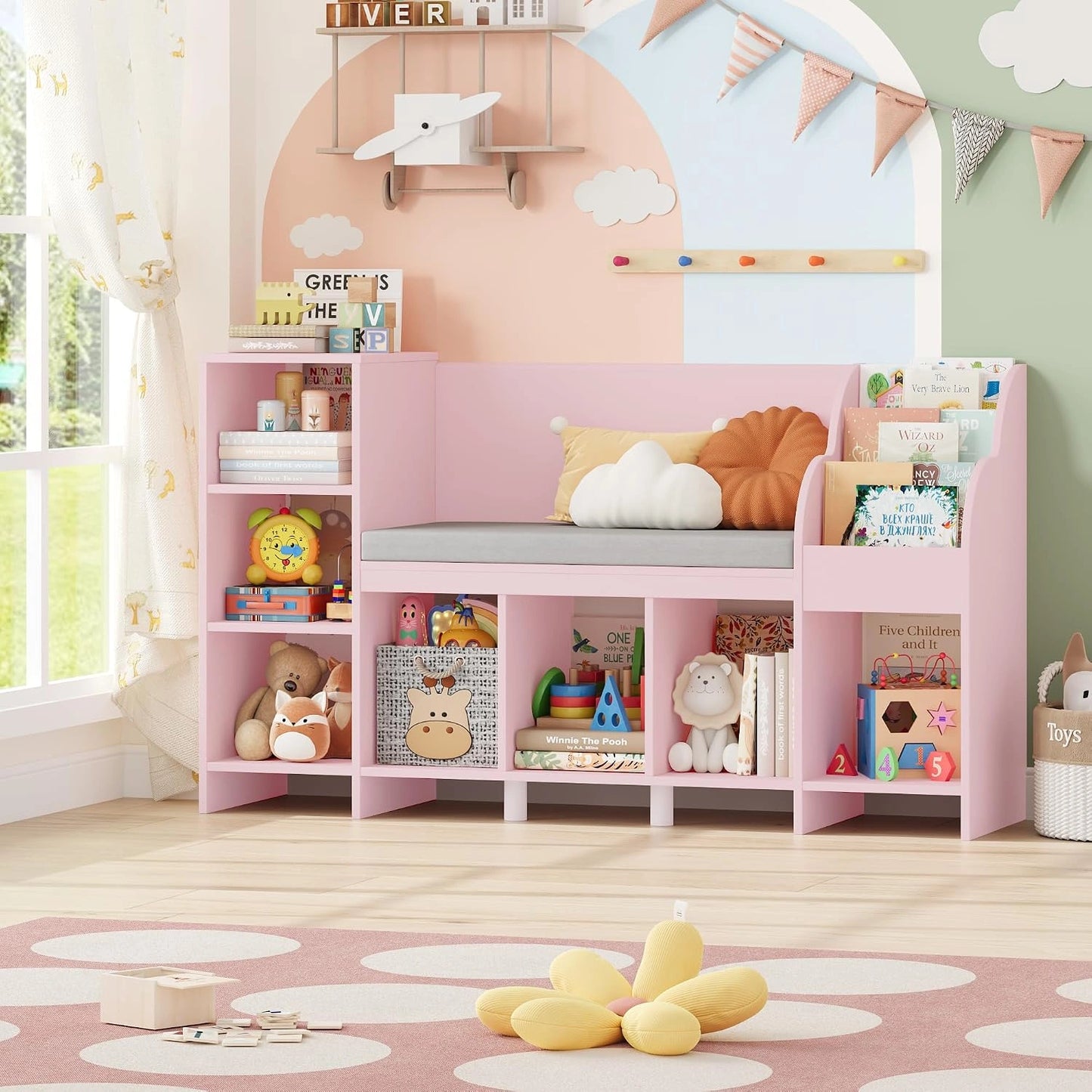 HOCSOK 138.5 cm Bibliothèque Enfants Banc, Blanc/Rose, Meuble Rangement Enfant, Meuble pour Chambre d'Enfant, Étagère