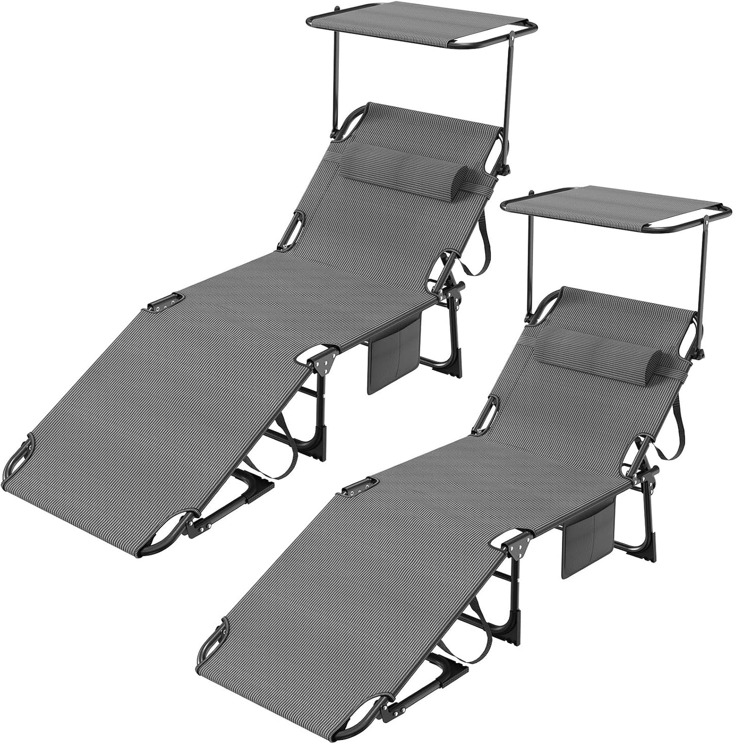 Huracan Lot de 2 grandes chaises longues de jardin pliantes avec auvent, dossier réglable en 4 positions et coussin, charge jusqu'à 100 kg, couleur