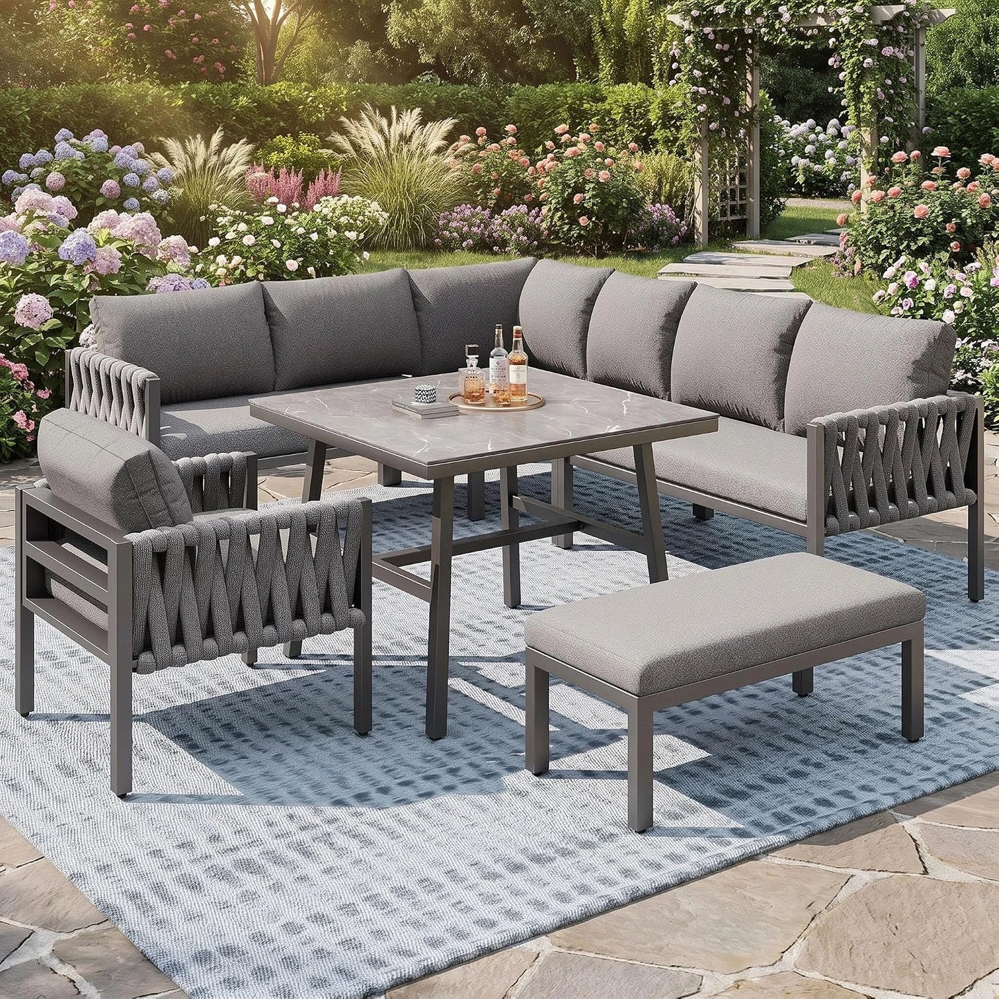 Ensemble Salon de Jardin Extérieur 6-10 Places avec Table en Verre Trempé, Gris Anthracite