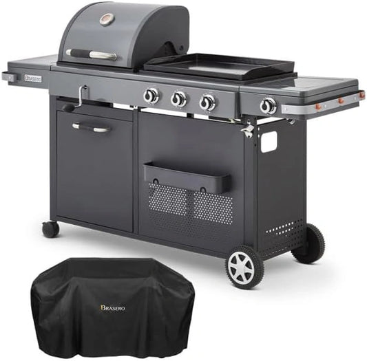 BRASERO BY FAVEX - Barbecue Plancha Bi-Energy XL Gaz et Charbon, Plancha fonte émaillée 60 x 42 cm, Grille 49 x 42 cm, 3 brûleurs 10,8 kW, 14 convives