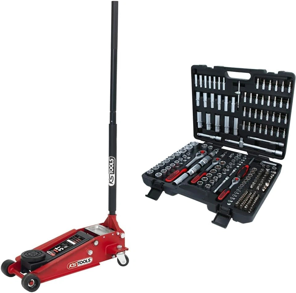 KS TOOLS 161.0366 - Cric Hydraulique 3 Tonnes - en Acier de Notre Gamme Formula Lift 3T - avec 2 Roues - Rouge et Noir et Caisse à Outils