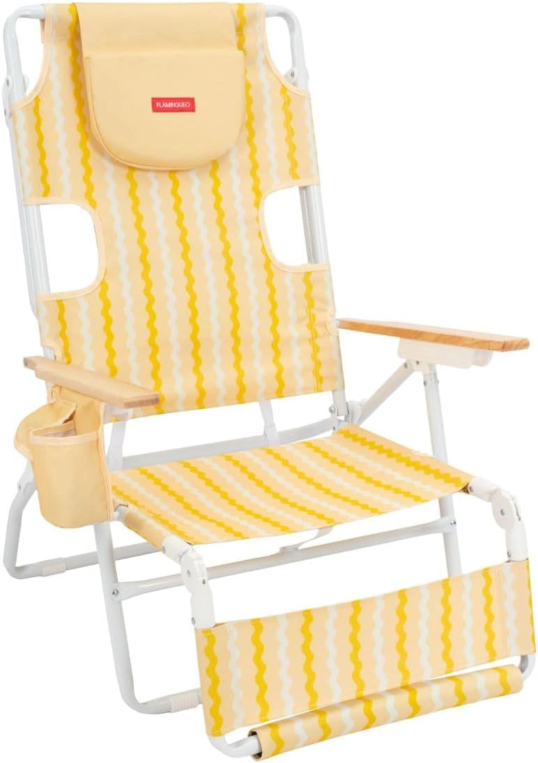 Flamingueo Chaise de Plage - 5 Positions - Ouverture pour la Tête et Les Bras - Repose-Pieds 3 Positions - Poignées Sac à Dos - Poche Isotherme