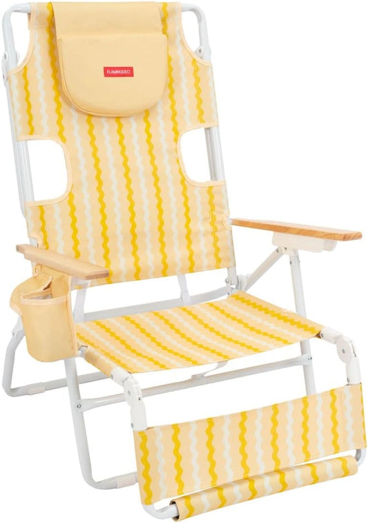 Flamingueo Chaise de Plage - 5 Positions - Ouverture pour la Tête et Les Bras - Repose-Pieds 3 Positions - Poignées Sac à Dos - Poche Isotherme