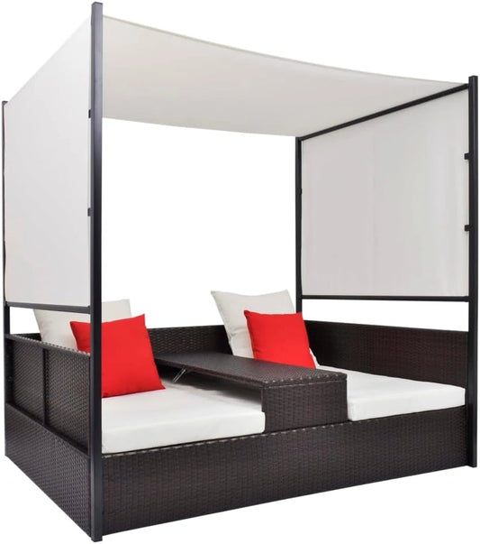 vidaXL Lit de Jardin avec Auvent Transat de Patio Bain de Soleil de Jardin Chaise Longue d'Extérieur Terrasse Plage Résine Tressée
