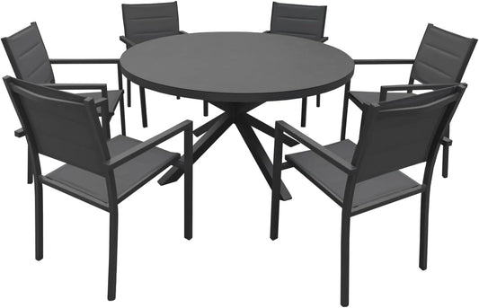 Happy Garden Salon de Jardin GIALOVA 6 Places en textilène Gris, Table Ronde Ø 140 cm, Structure Aluminium Anthracite