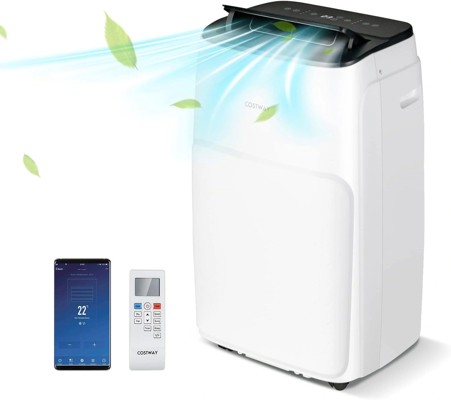 COSTWAY Climatiseur Mobile Silencieux 5 EN 1, Clim 12000 BTU Refroidissement Rapide, Déshumidificateur, Mode Nuit, Climatisation Faible Conso, Wi-Fi