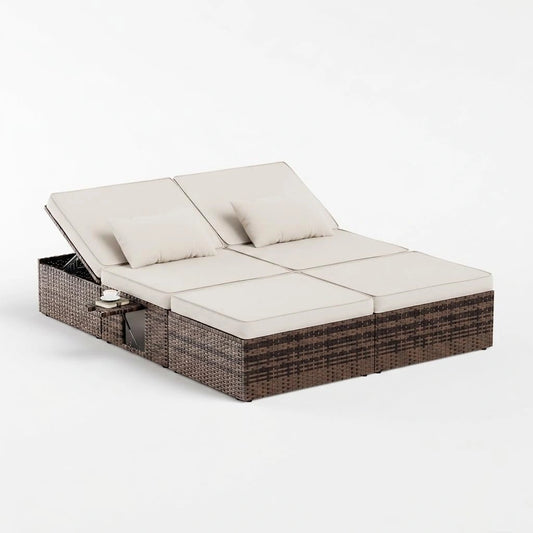 UDPATIO Transat Jardin Extérieur en Rotin - Bain de Soleil Double avec Plateaux Latéraux Repliables et Dossier Réglable 5 Niveaux, Beige