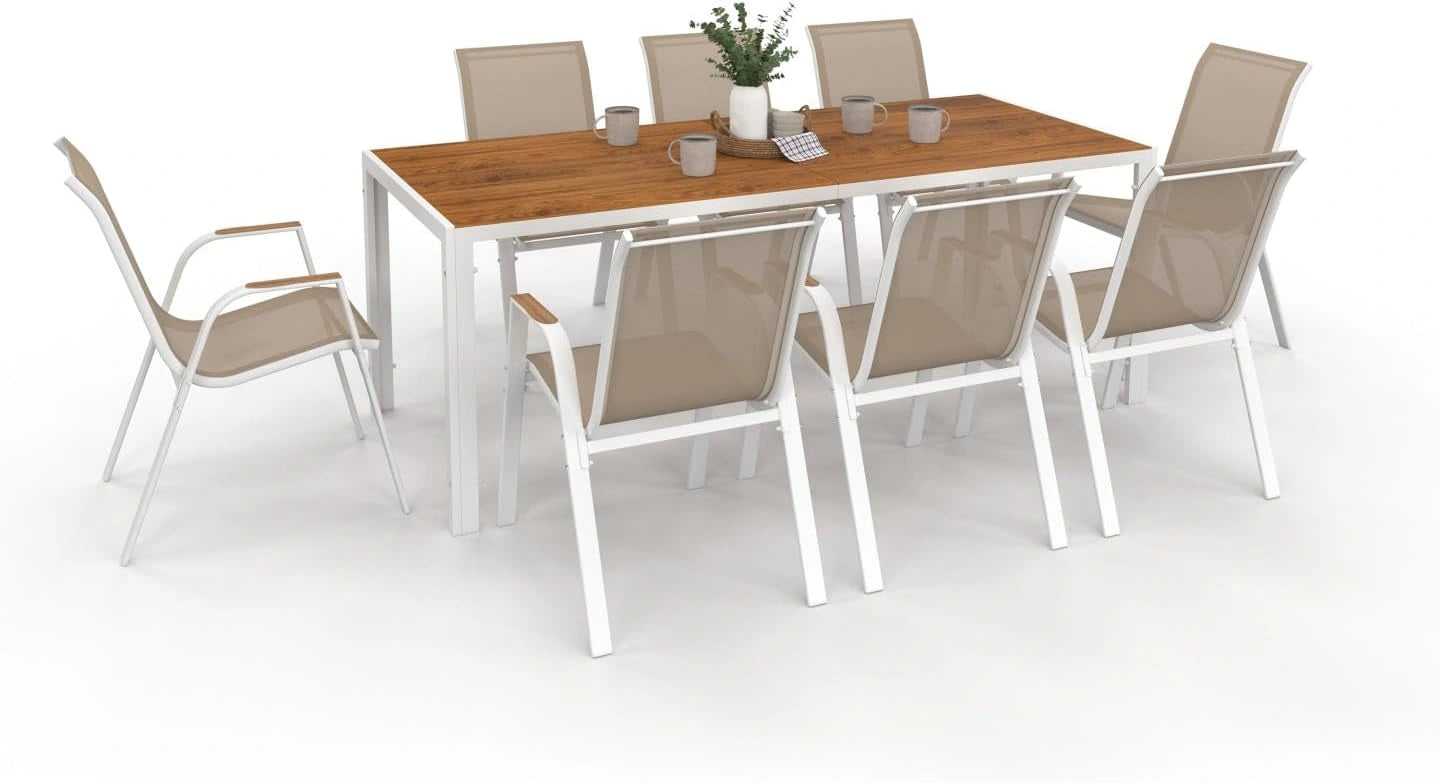 IDMarket - Salon de Jardin NOUMEA Table 190 cm et 8 chaises empilables, coloris blanc et bois, Avec plateau verre trempé effet bois