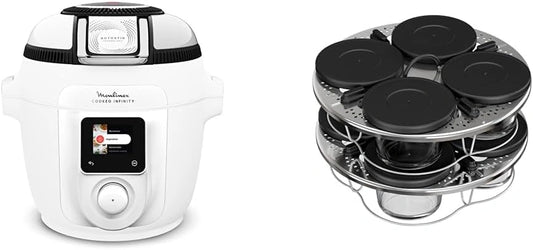 LOT Moulinex Cookeo Infinity, Blanc, 19 programmes, CE9821F0 + Kit de 8 verrines superposables XA6140E0, Air fryer + multicuiseur sous pression