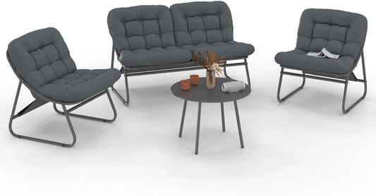 IDMarket - Salon de Jardin Bas Arona 4 Places en Acier Gris Anthracite, table et coussins gris, Avec canapé, fauteuils