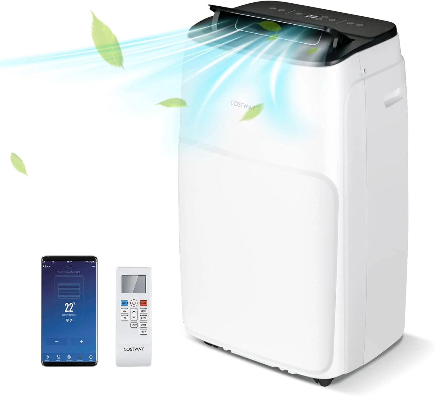 COSTWAY Climatiseur Mobile Silencieux 5 EN 1, Clim 14000 BTU Refroidissement Rapide, Déshumidificateur, Mode Nuit, Climatisation Faible Conso, Wi-Fi