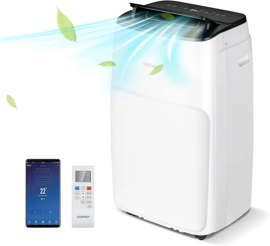 COSTWAY Climatiseur Mobile Silencieux 5 EN 1, Clim 14000 BTU Refroidissement Rapide, Déshumidificateur, Mode Nuit, Climatisation Faible Conso, Wi-Fi