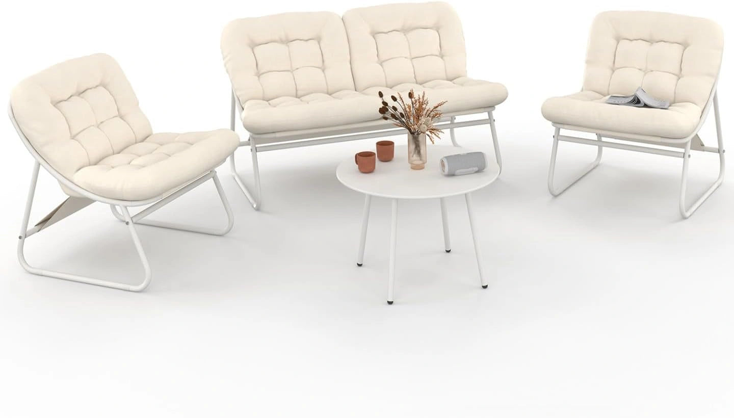 IDMarket - Salon de Jardin Bas Arona 4 Places en Acier Blanc, Avec canapé, table et coussins beiges, fauteuils