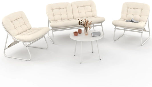 IDMarket - Salon de Jardin Bas Arona 4 Places en Acier Blanc, Avec canapé, table et coussins beiges, fauteuils