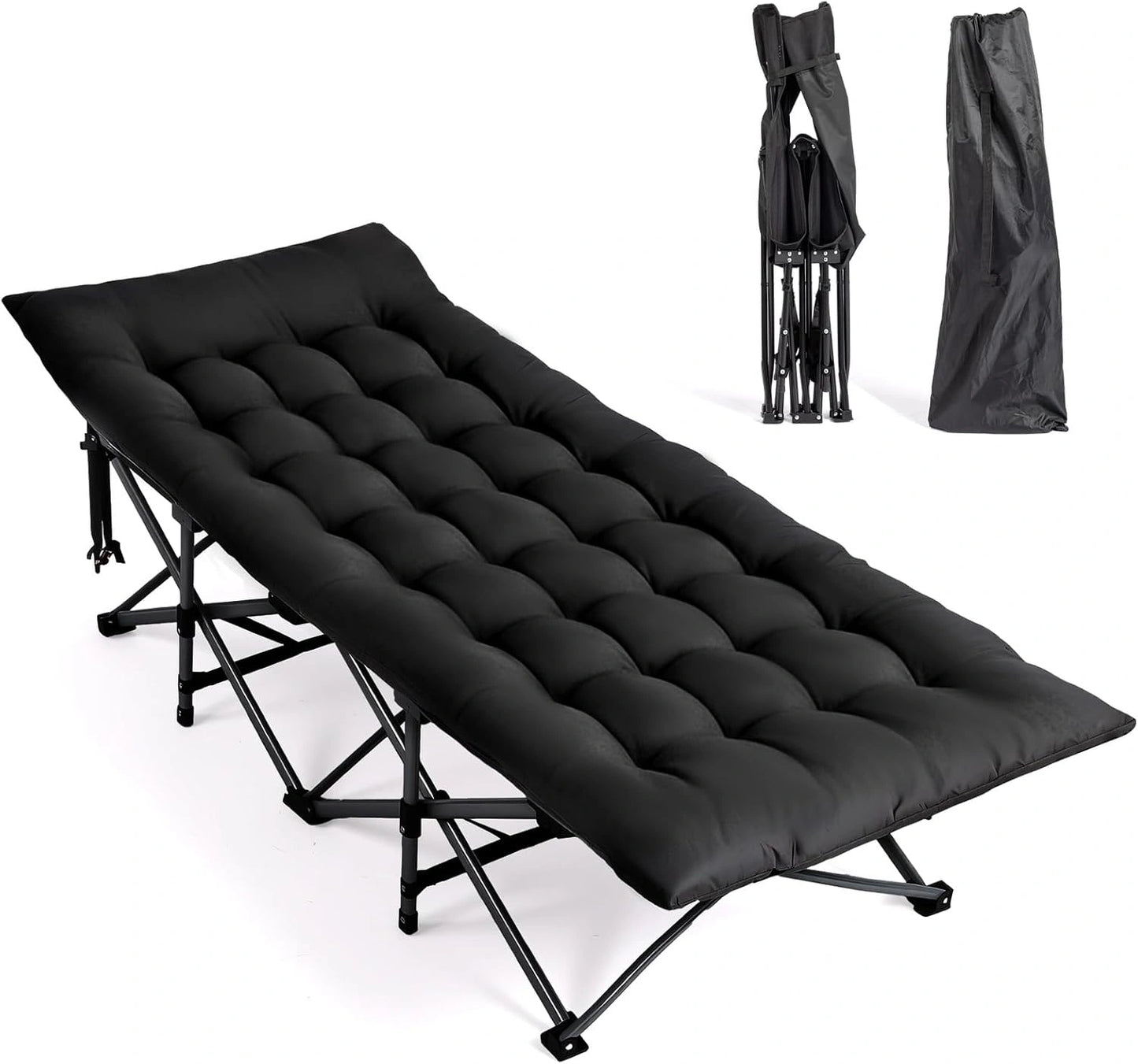 Bonnlo Lit de Camp Pliable en Acier avec Sac de Transport Lit de Camping en Oxford 600D Charge Max. Jusqu'à 150kg, Noir, 190×71x36 cm