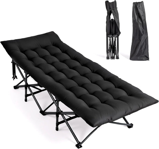 Bonnlo Lit de Camp Pliable en Acier avec Sac de Transport Lit de Camping en Oxford 600D Charge Max. Jusqu'à 150kg, Noir, 190×71x36 cm
