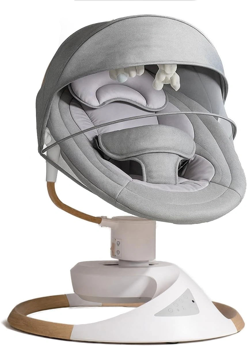 BEBE2LUXE EMY: Balancelle Bebe/Transat Bebe électrique, télécommande (Gris), Multi-Position 360, Effet Bois, Balancement Naturel, Bluetooth