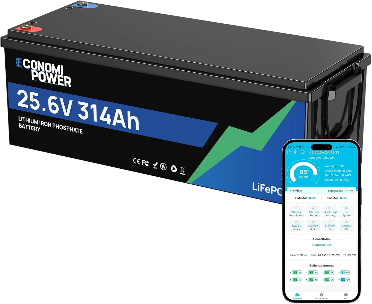 Batterie LiFePO4 24 V 300 Ah avec Bluetooth, 7680Wh, 200 A BMS, 15000 cycles, système solaire, marine et moteur de trolling, pour camping-car
