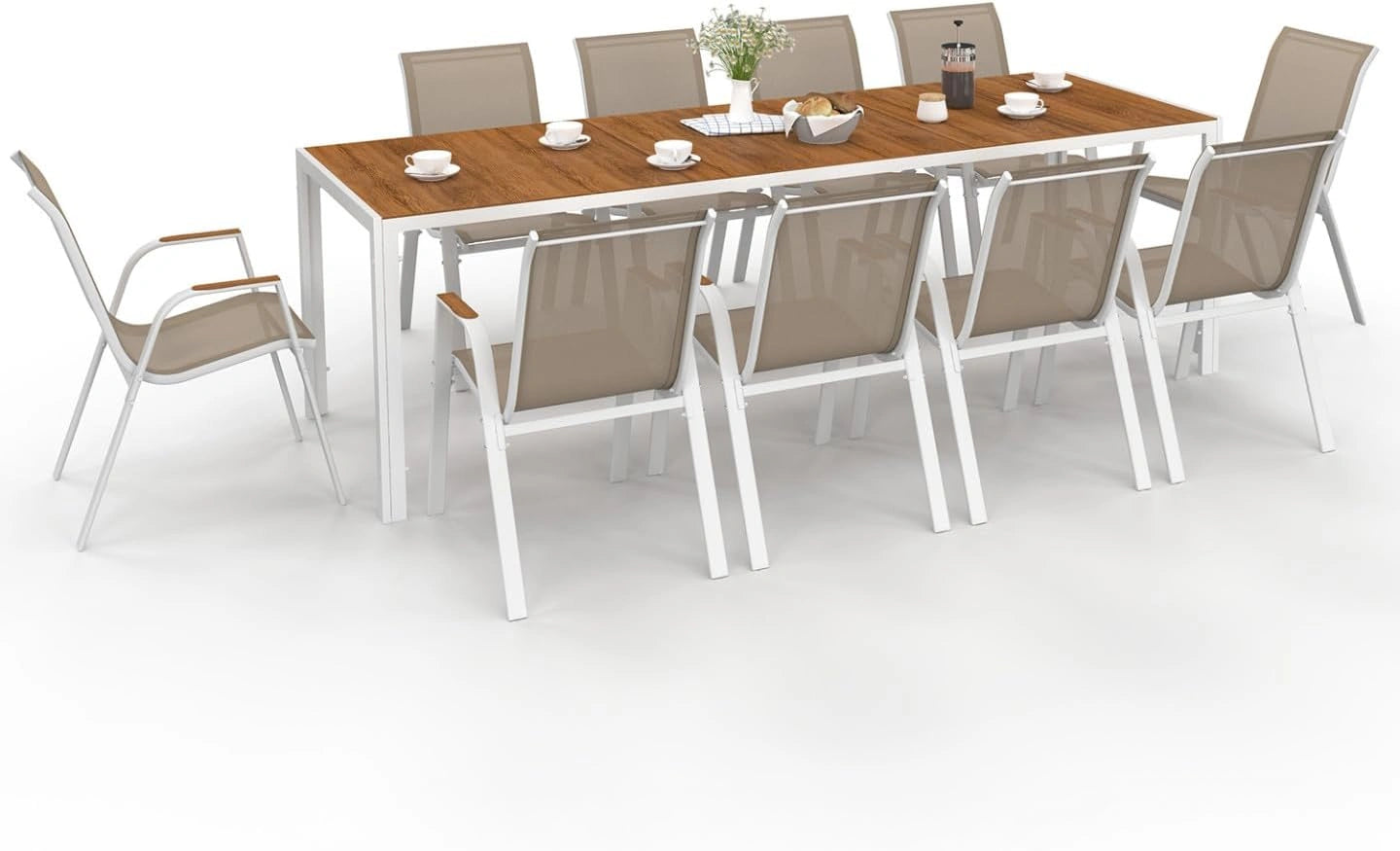 IDMarket - Salon de Jardin NOUMEA Table 240 cm et 10 chaises empilables, coloris blanc et bois, Avec plateau verre trempé effet bois