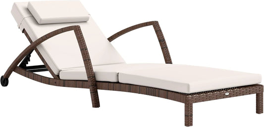 Outsunny Bain de Soleil Dossier Réglable avec roulettes Marron et Beige, Chaise Longue en Résine Tressée, Transat Jardin Extérieur Terrasse, Coussin