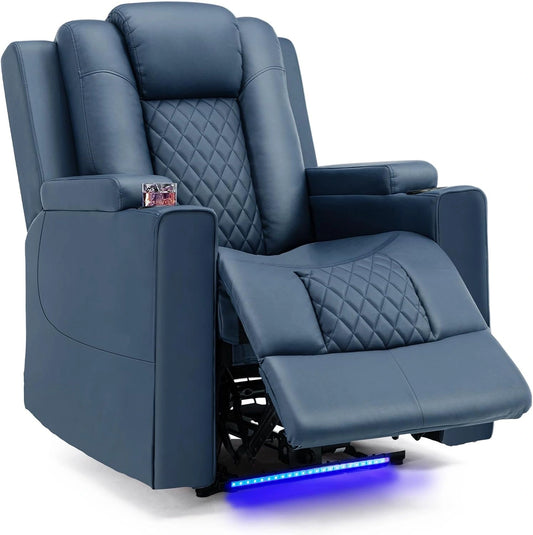 COMHOMA Fauteuil de Massage Electrique Eclairage LED canapé Châssis cinéma maison pivotant fauteuil inclinable with 2 Porte-gobelets Blue