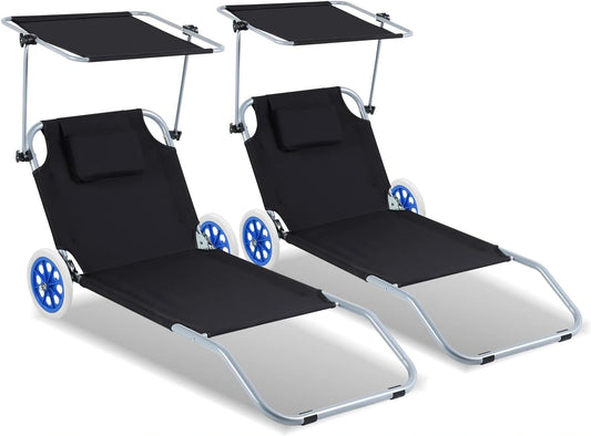Lot de 2 chaises longues de plage avec roulettes, noir, dossier réglable en 5 positions, charge maximale: 100 kg, le jardin, pliables