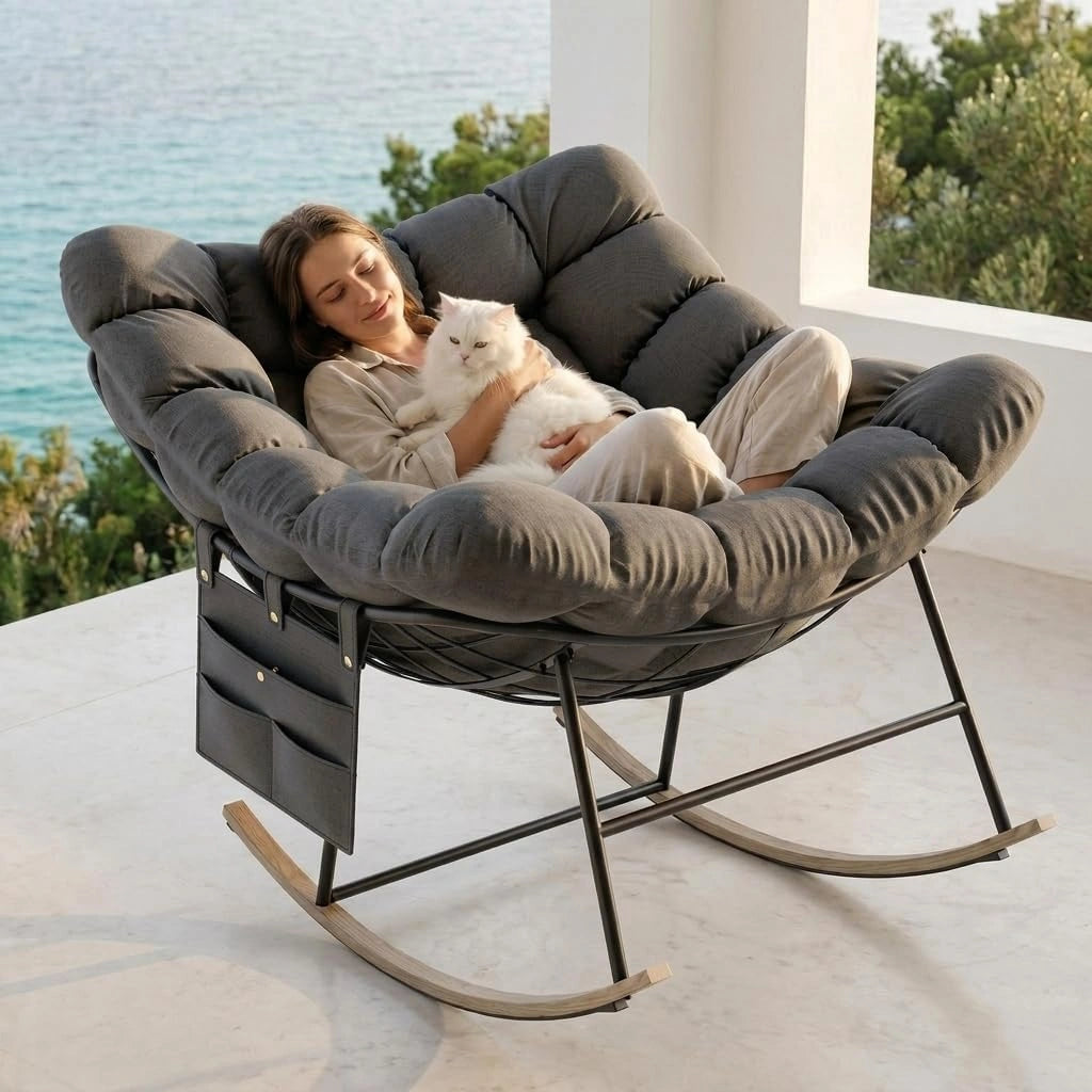 Fauteuil a Bascule Grand Extérieur avec Poche Latérale pour Salon, Structure en Acier Supporte 150KG, Rocking Chair avec Coussin Amovible, Jardin
