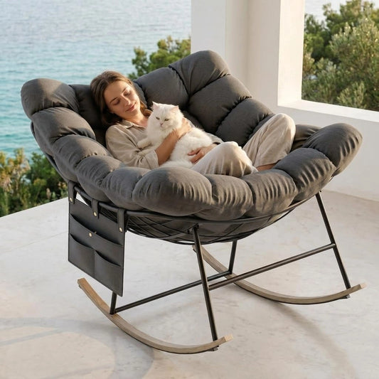 Fauteuil a Bascule Grand Extérieur avec Poche Latérale pour Salon, Structure en Acier Supporte 150KG, Rocking Chair avec Coussin Amovible, Jardin