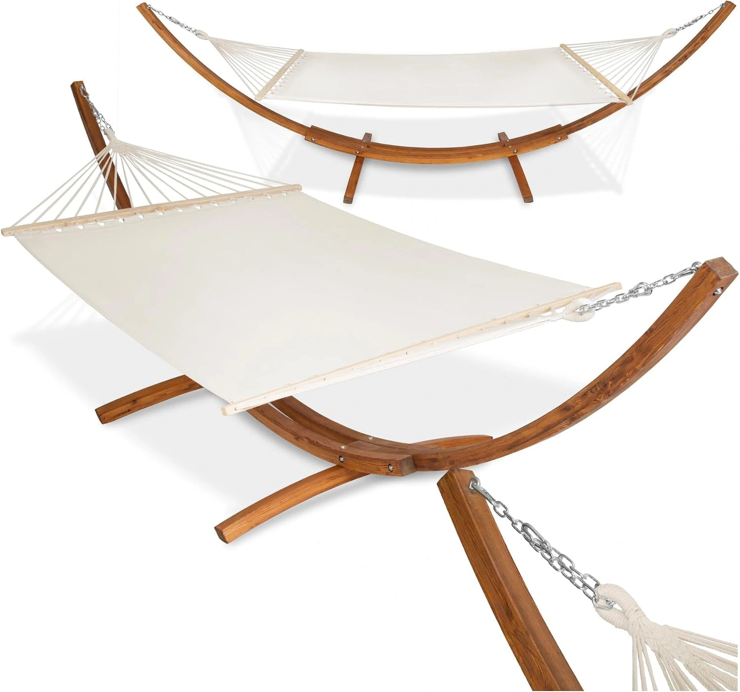 tectake Hamac sur Pied XXL Hamac 2 Places Coton avec Support en Bois 415x150x124 cm, Supporte jusqu'à 200 kg, Couchage 205x150 cm