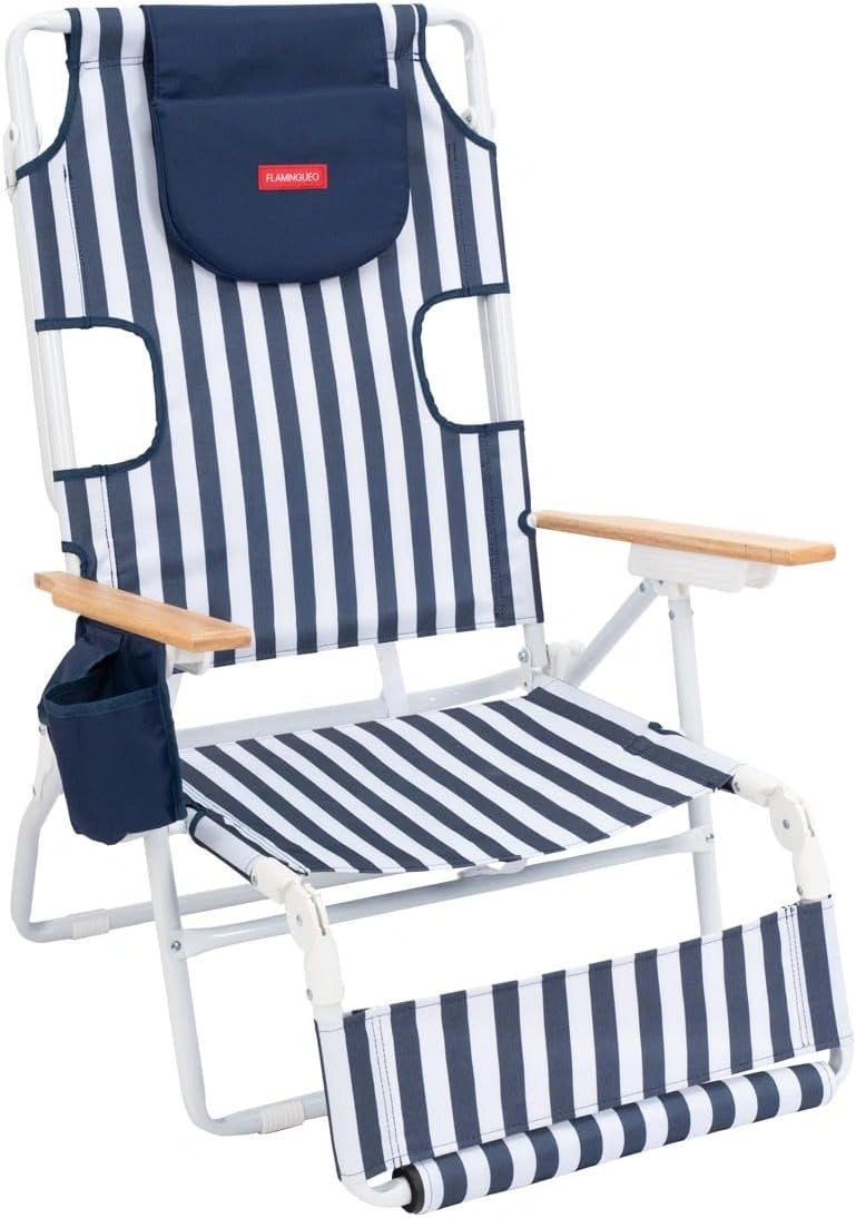 Flamingueo Chaise de Plage - 5 Positions - Ouverture pour la Tête et Les Bras - Repose-Pieds 3 Positions - Poignées Sac à Dos - Poche Isotherme