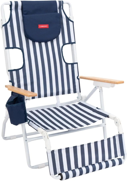 Flamingueo Chaise de Plage - 5 Positions - Ouverture pour la Tête et Les Bras - Repose-Pieds 3 Positions - Poignées Sac à Dos - Poche Isotherme