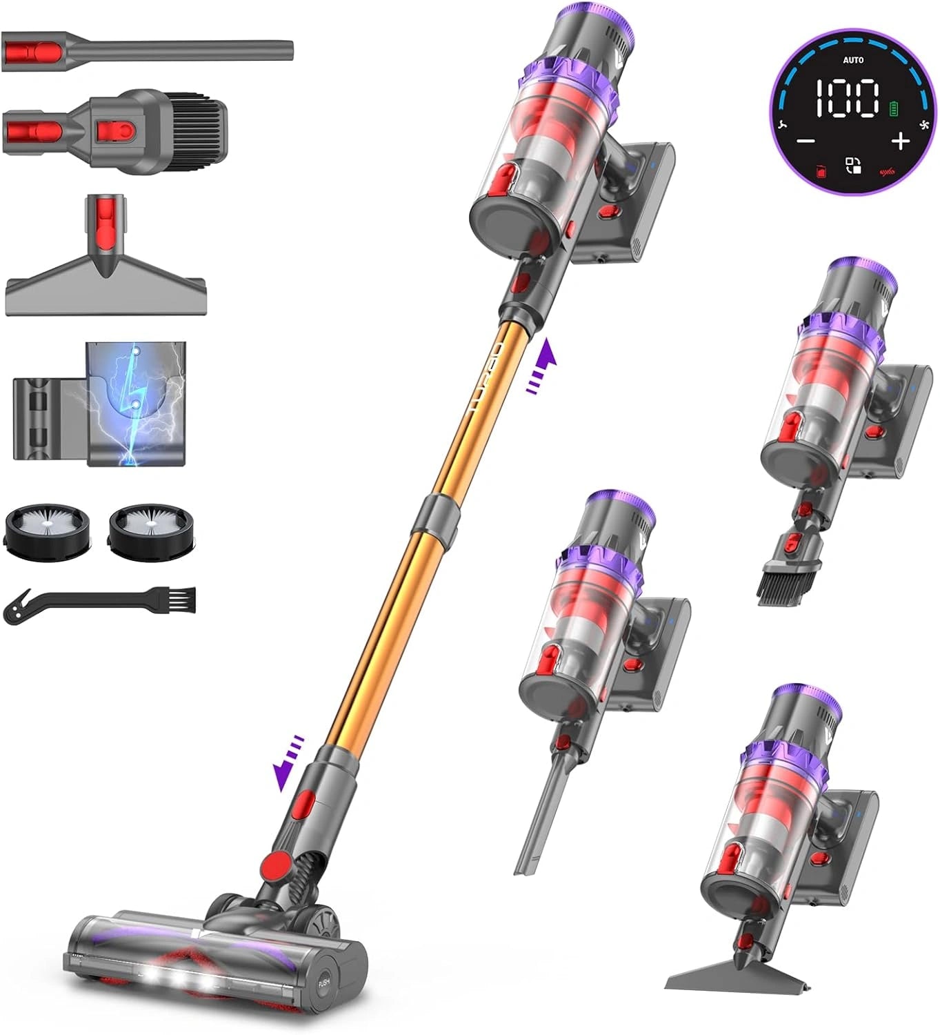 coovy SU7 Aspirateur Balai sans Fil 580 W/55Kpa/75Mins, Aspirateur Puissant, Détection Poussière, Écrans Tactiles LED