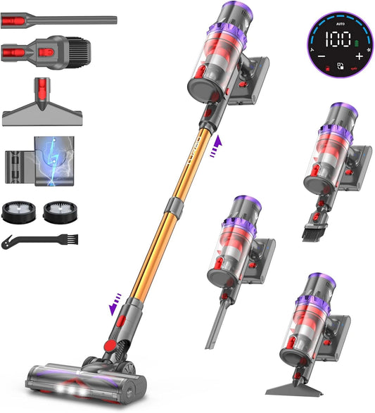 coovy SU7 Aspirateur Balai sans Fil 580 W/55Kpa/75Mins, Aspirateur Puissant, Détection Poussière, Écrans Tactiles LED
